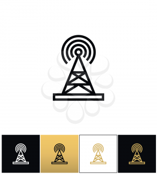 Broadcasting tower or broadcast station vector icon. Broadcasting tower or broadcast station pictograph on black, white and gold background