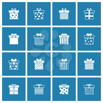 Gift boxes vector icons set in white blue color. Birthday and christmas illustration