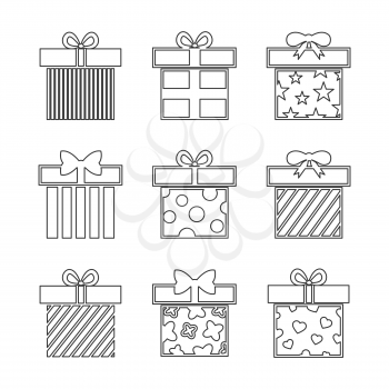 Gift boxes vector icons set in black and white. Linear style illustration