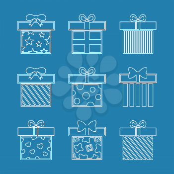Gift boxes vector icons set in white blue. Christmas object and xmas event illustration
