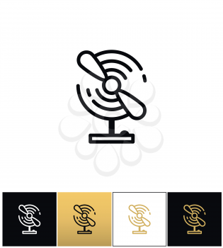 Portable electric fan line vector icon. Portable electric fan line pictograph on black, white and gold backgrounds