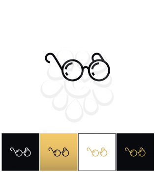 Round eyeglasses or black glasses vector icon. Round eyeglasses or black glasses pictograph on black, white and gold backgrounds