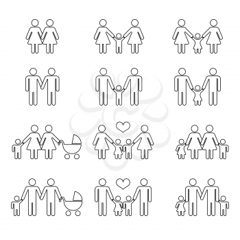 Gay family with children thin line icons white. Happy homosexual together illustration