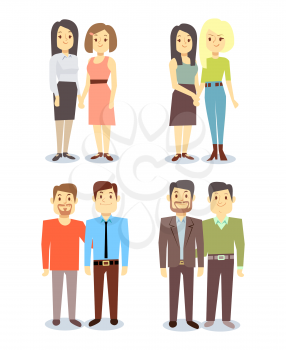 Set of vector gay LGBT happy smiling pairs. Set of beautiful couple illustration