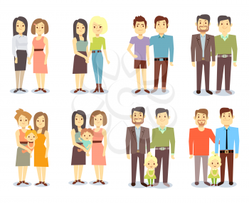 Set of vector gay LGBT happy families. Collection nontraditional families illustration
