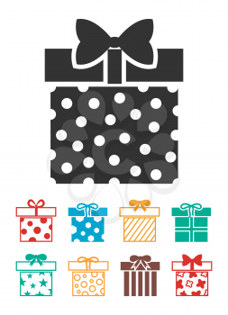 Gift boxes vector icons set isolated over white. Decoration pattern for birthday gift illustration
