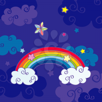 Hand drawn cartoon rainbow and clouds night sky. Magic art dream design. Vector illustration