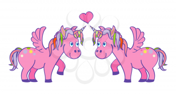 Vector hand drawn pink unicorns in love. Magic animal love fairy illustration