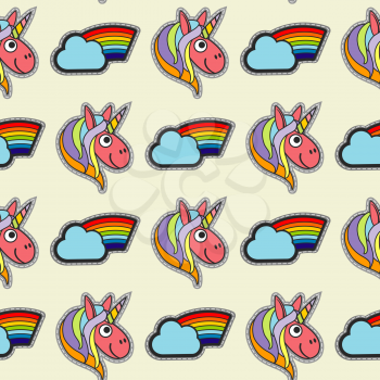 Vector patch unicorns and rainbows seamless pattern. Background with color pony illustration