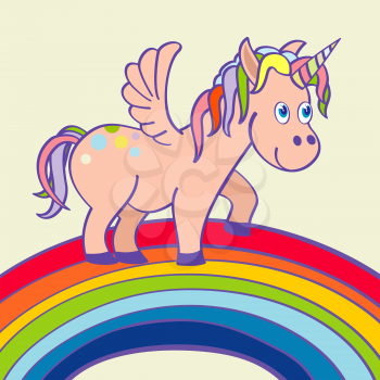 Vector hand drawn unicorn standing on a rainbow. Cartoon characters animal illustration