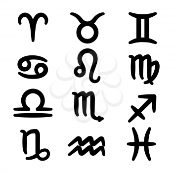 Set of thick vector Zodiac signs white background. Capricorn and virgo, gemini and aquarius illustration