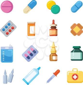 Medicine cartoon pill, drug, table, antibiotics, medication dose flat icons. Color icons drug for medication, vitamin chemical drugs illustration