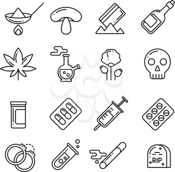 Drugs, heroin, alcohol, smoking addiction thin line vector icons. Marijuana and drugs in syringe, mushroom and cocaine drug illustration