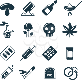Drugs, alcohol, pills, tablet, narcotic abuse vector icons. Cocaine and marijuana, addiction to drugs heroin and cocaine illustration