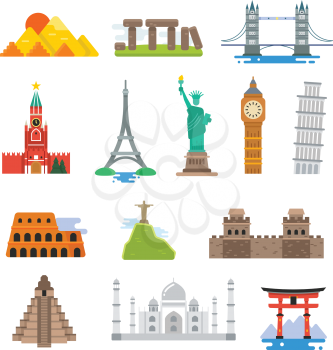 Famous architecture world travel vector landmarks icons. Collection of famous landmarks pyramid and pisa tower, big be and, taj mahal landmark illustration