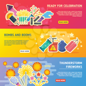 Holiday fire, crackers show set of vector business banners. Horizontal web page with bonm and petard for holiday illustration
