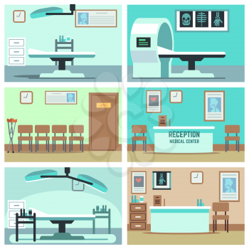 Empty hospital, doctor office, surgery room, clinic vector interiors set. Hospital room with X-ray and MRI, interior rooms in clinic illustration