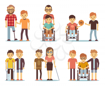 Disabled people and friends helping them vector set. Disabled people care icons. Help and support for disabled illustration