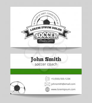 Soccer club business card template in green and white. Football coach card. Vector illustration