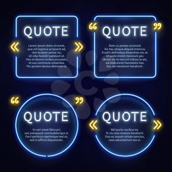 Neon light box 80s frames with quote marks vector. Set of neon for text illustration