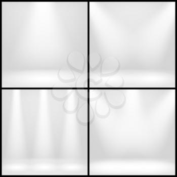 Empty white interior, photo studio room with lamps vector backgrounds set. Illuminated room for presentation, illustration of illuminated space