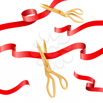 Golden scissors cutting ceremony silk ribbons vector elements for opening ceremony, event concept. Important ceremony with ribbon tape illustration