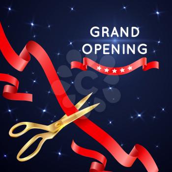 Ribbon cutting with scissors grand opening vector poster. Banner with cut silk ribbon, important ceremonial event with ribbon cutting illustration