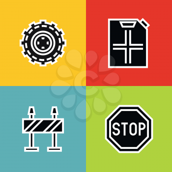 Road tourist icons in line style with white stroke on color background. Vector illustration