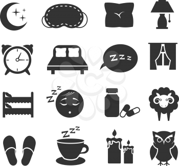 Sleep, night relax, pillow, bed, moon, owl, zzz vector icons sleeping symbols set. Bedroom for rest, clock and moon with star illustration