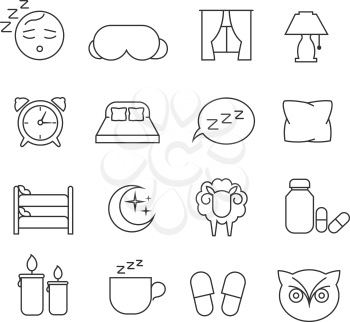 Sleeping bed time rest thin line outline vector icons. Dream and bedtime, sheep and mask for sleep illustration