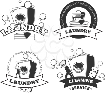Vintage laundry service dry clean vector labels, emblems, logos, badges set. Basket and washing machine illustration