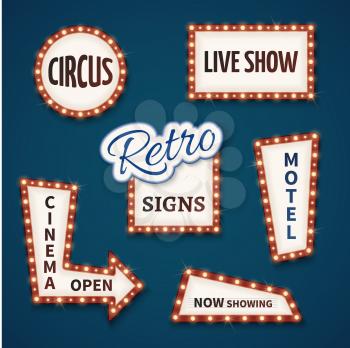 Retro neon bulb signs for cinema and casino. Live show, open, circus, now showing, motel banners. Vector illustration