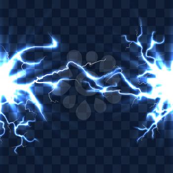 Electrical discharge with lightning beam isolated on checkered transparent background vector. High voltage current illustration, bolt, explosion, spa