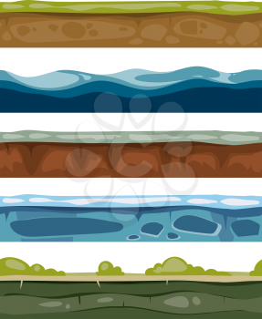 Seamless landscape elements. ground, ice, water, grass surfaces for computer games. Set of layers for graphic design illustration