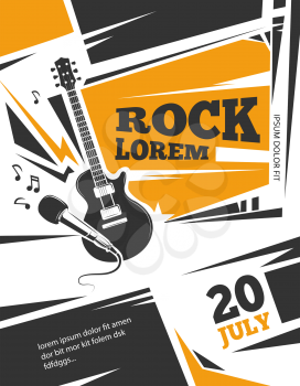 Live music vector poster template. Rock concert with guitar, musical placard vintage illustration