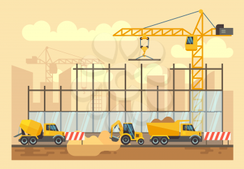 Building construction process, engineering tools, materials, construction equipment vector flat illustration. Bulldozer and excavator