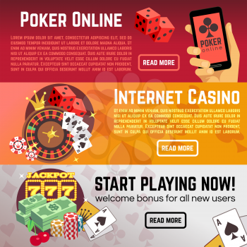 Poker online gaming lottery internet casino vector banners set. Start playing now, roulette and dice illustration