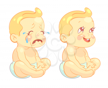 Smiling toddler baby and crying baby vector characters. Infant with happy mood and newborn crying illustration