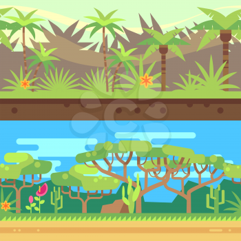 Horizontal seamless tropical forest jungle background in cartoon flat style. Outdoor nature with green tree, vector illustration