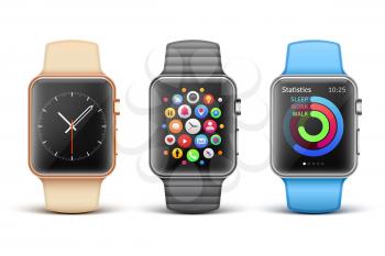Smart electronic apple watches vector set. Clock mobile phone functions illustration