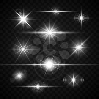Lens flares glare lighting effects vector set. Shiny stars isolated on checkered background illustration