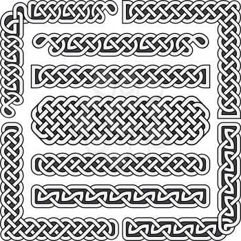 Celtic knots medieval seamless borders, patterns, and ornament corners. Vector pattern brushes set. Structure of scottish pattern illustration