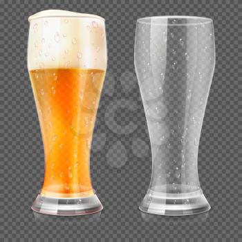 Realistic beer glasses, empty mug and full lager glass isolated on transparent checkered background. Alcohol beverage with white foam. Vector illustration