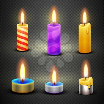 Different candles with flame for birthday and christmas holiday. Vector set isolated on checkered transparent backdrop illustration