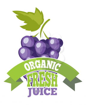 Natural grapes juice with green leaf logo, label. Vector illustration