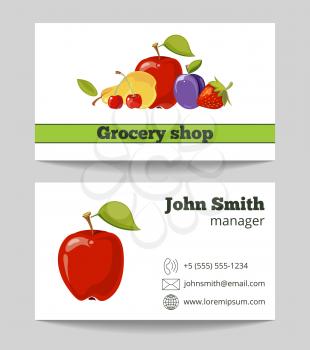 Grocery shop business card template with natural fruits. Vector illustration