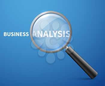 Business analysis vector concept background with magnifying glass. Research and analytic, analyze and strategy illustration