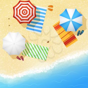Aerial view of sea sand beach with towels and umbrellas. Concept summertime leisure in resort, vector illustration
