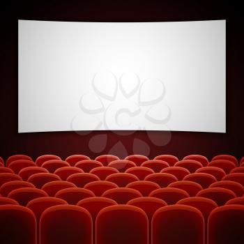 Cinema movie hall with white blank screen. Empty interior for presentation new film. Vector illustration