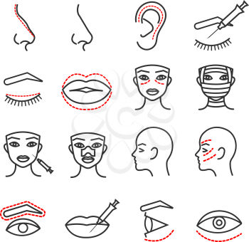 Cosmetic plastic face surgery vector thin line icons set. Procedure medical with eye, lip and nose illustration
